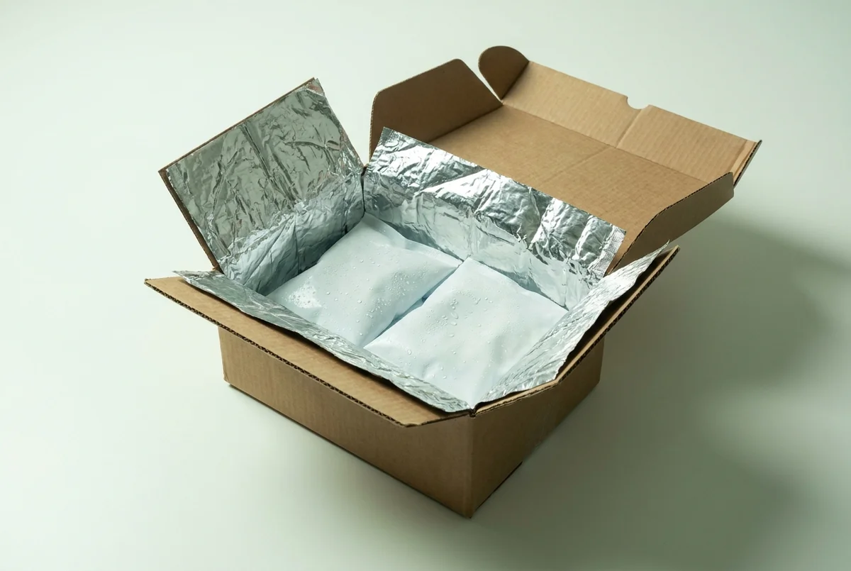 Insulated shipping carton lined with foil and cold packs