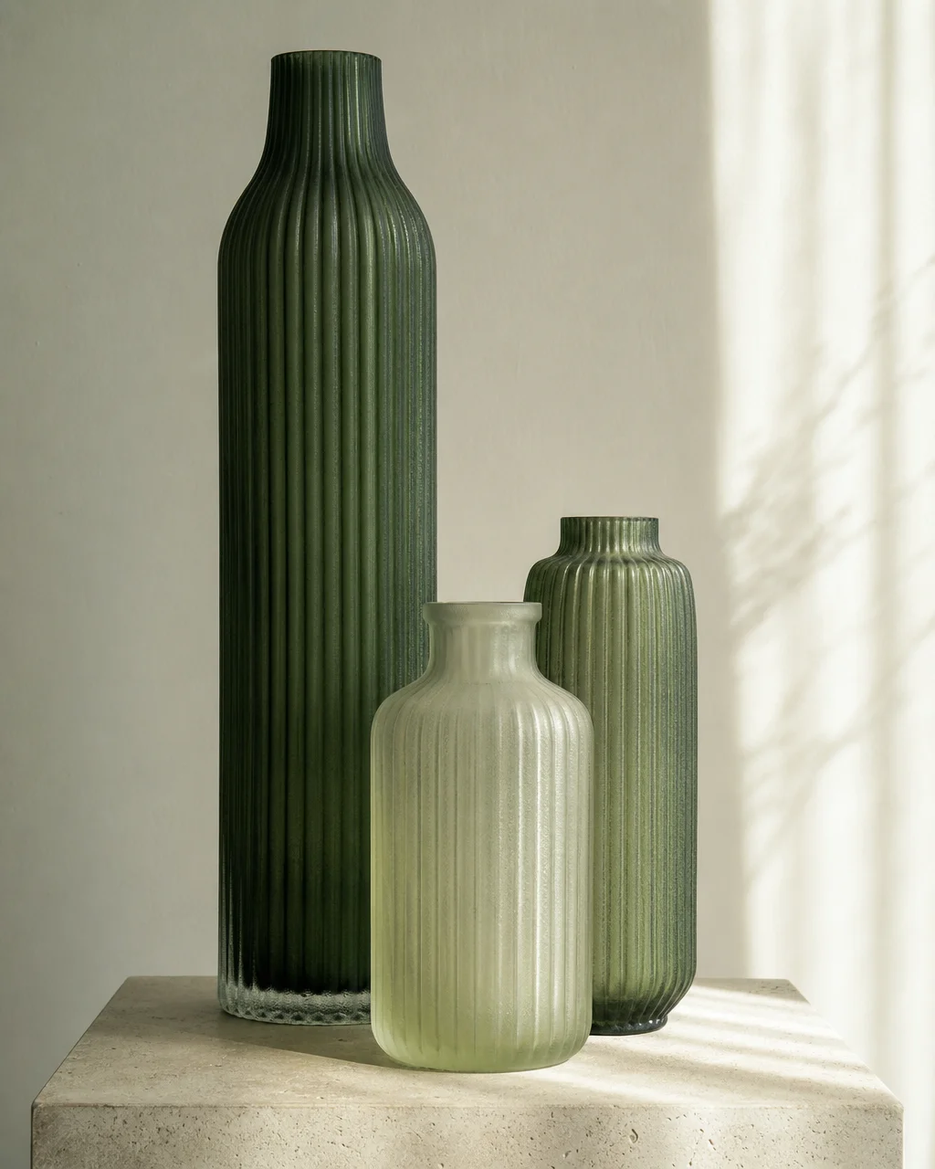 Ribbed frosted glass vessels in deep green on a stone plinth