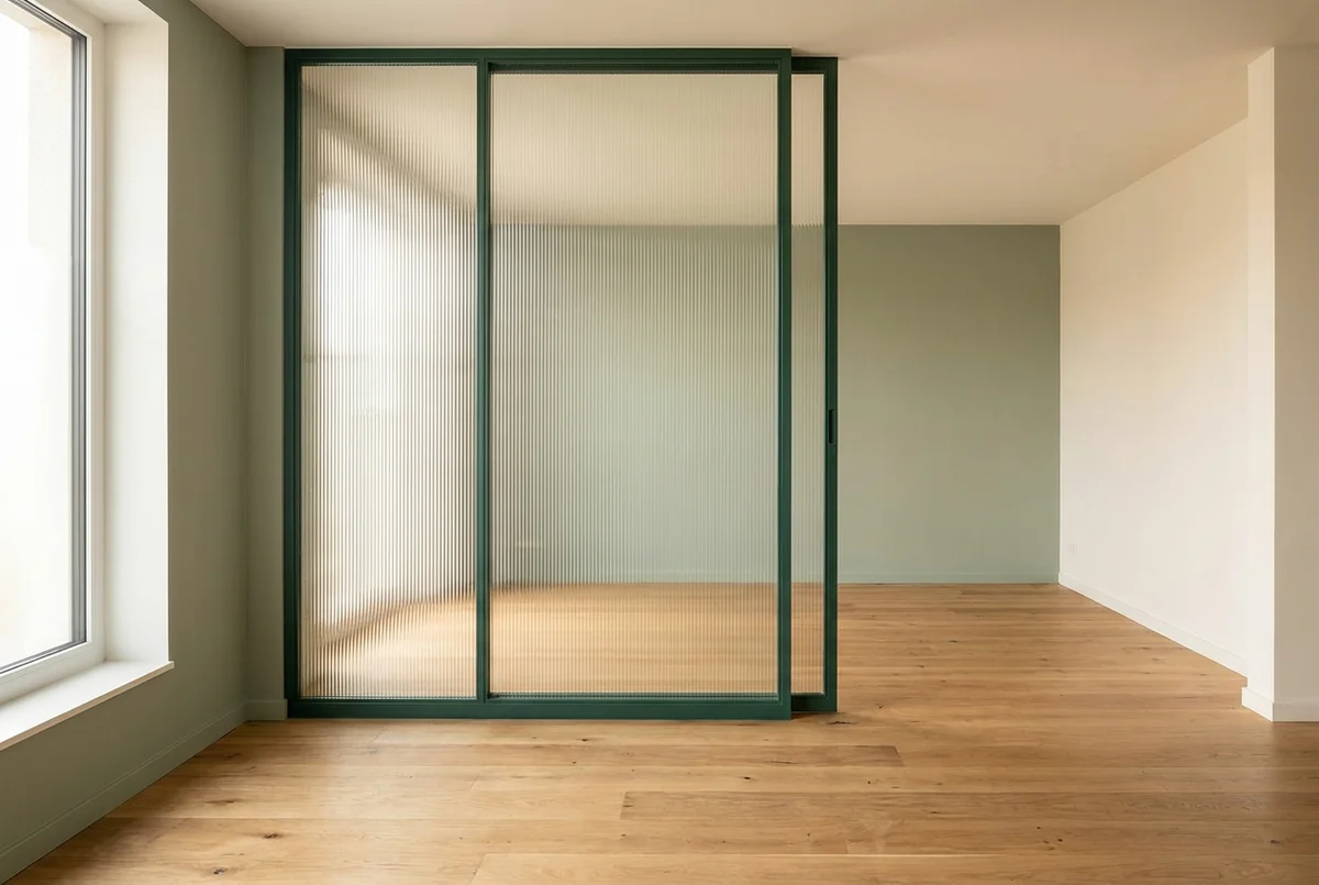 Fluted glass partition in a deep green frame in a modern practice interior