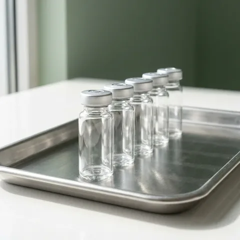 Row of unlabeled vials on a steel tray